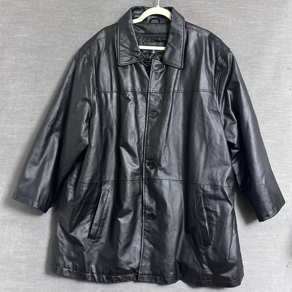 KingSize Coat 3XL Big Black Leather Overcoat Quilted Zip Liner 90s y2k